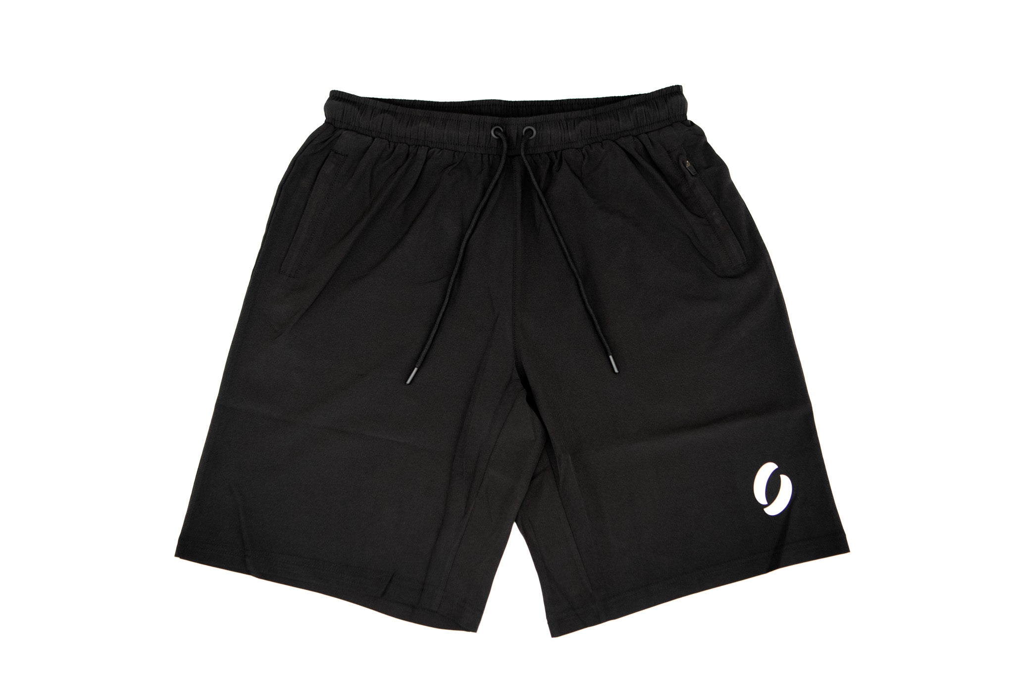 Top vie of long pocket shorts laying on white platform