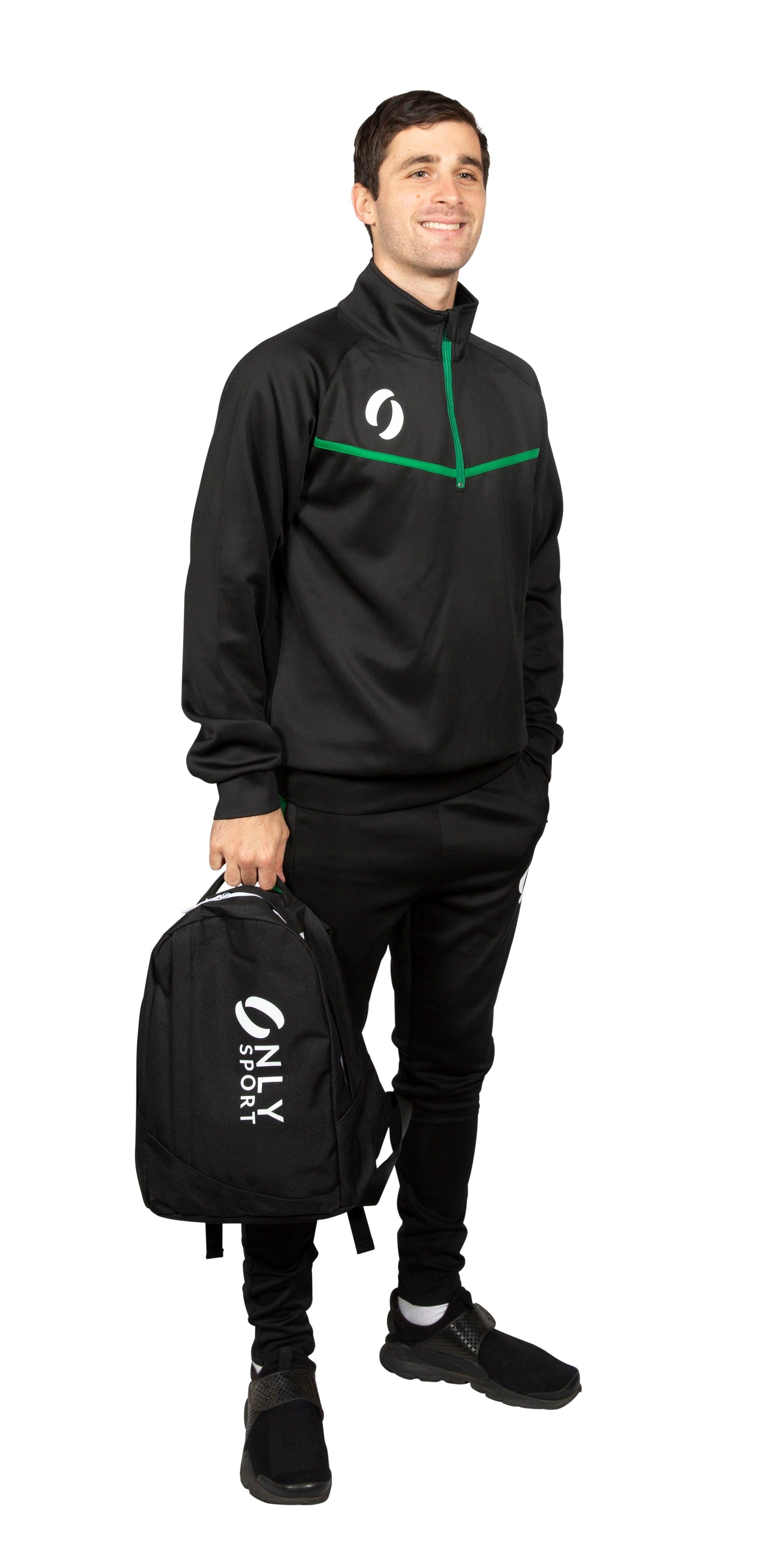 Person wearing 1/4 Zip Training Jumper in black with green