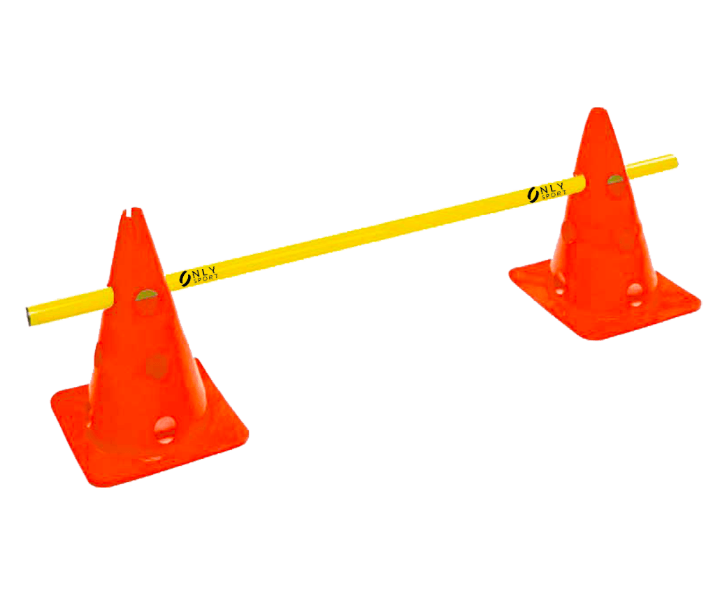 Two cones connected to a bar forming a hurdle