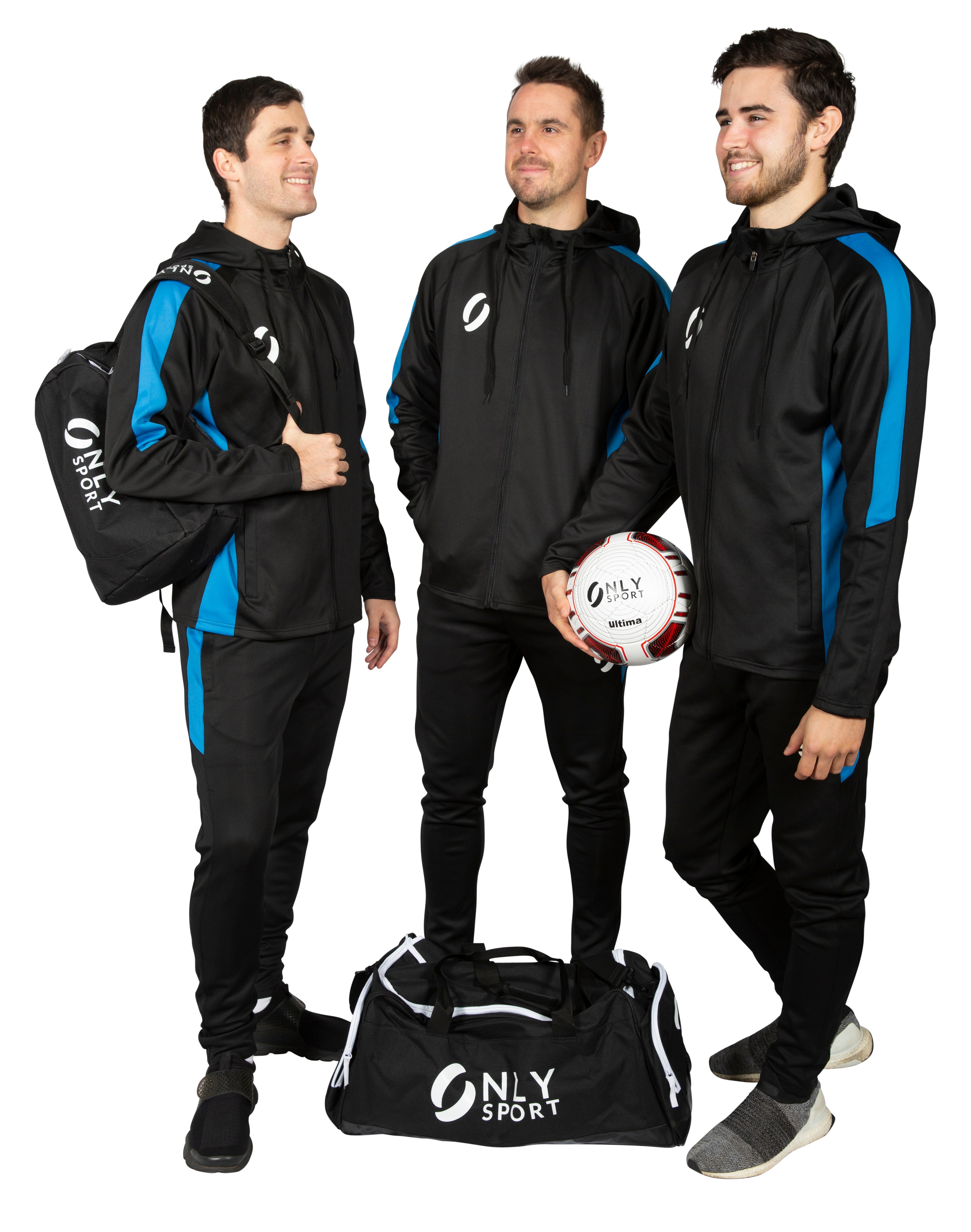 Three men wearing Hooded Tracksuit Jacket in black/royal blue