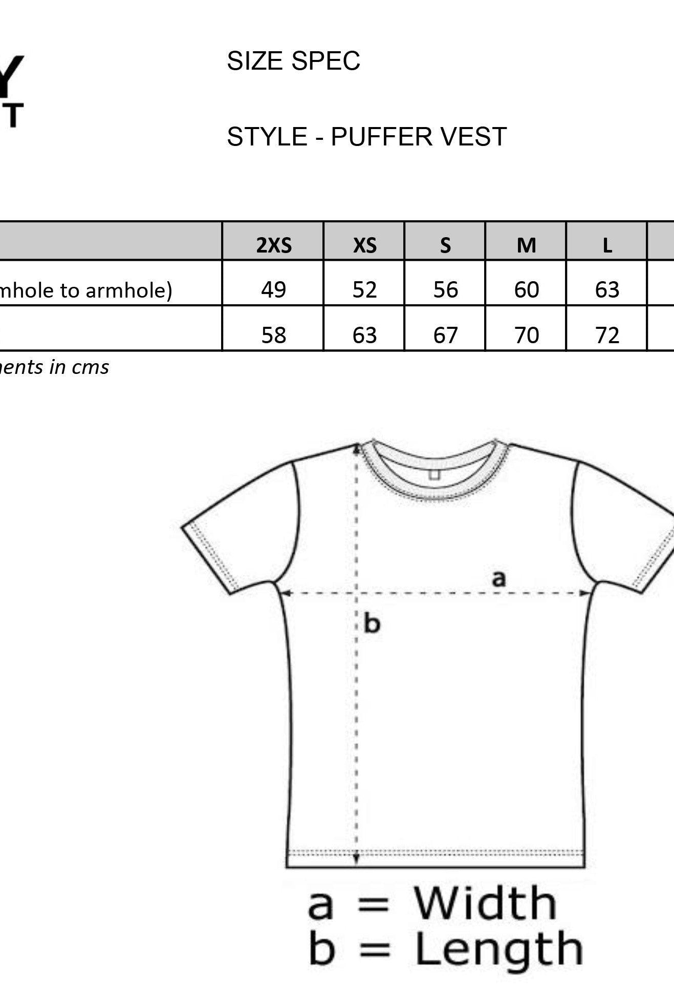 Malvern City PUFFER VEST SIZE CHART