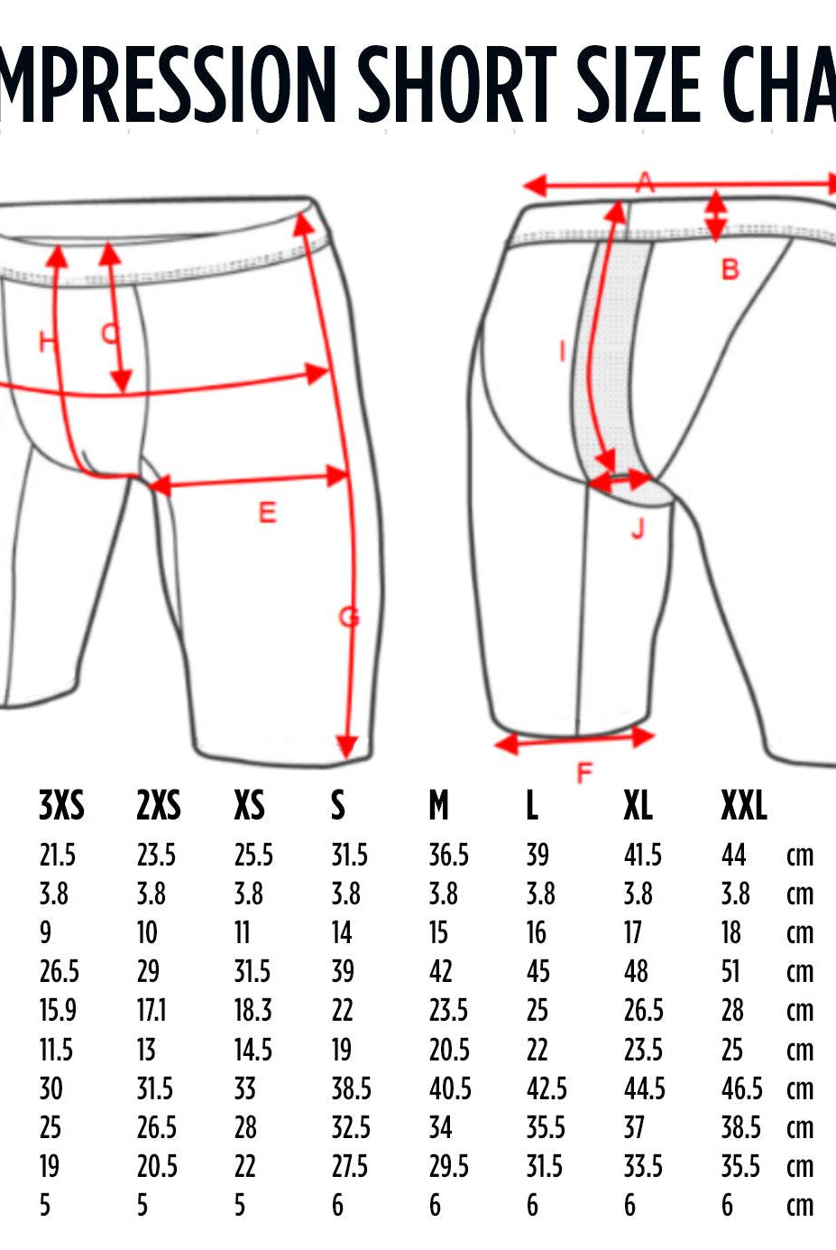 Compression Wear Shorts White Sizing Chart