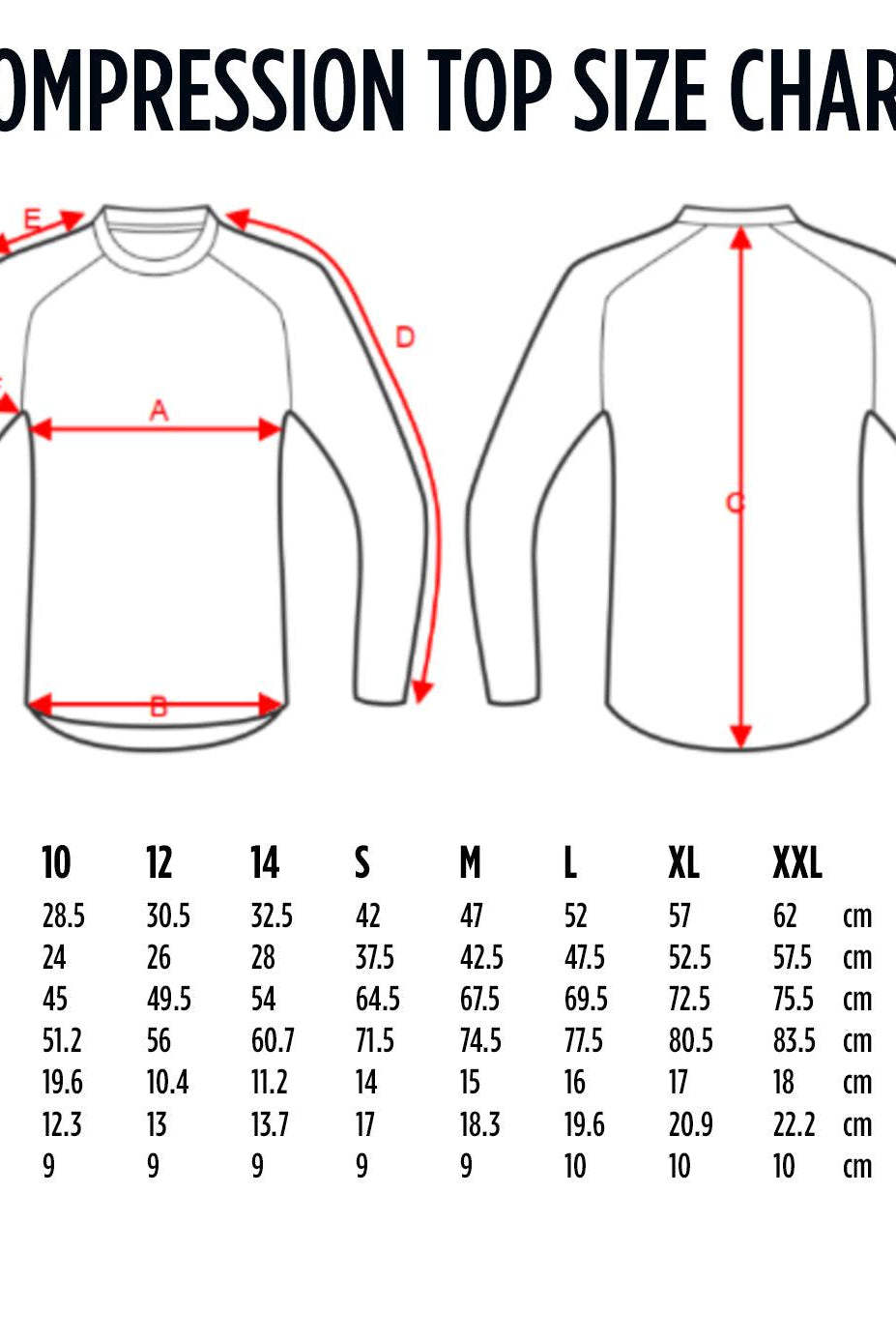 Compression Wear Top Red Sizing Chart
