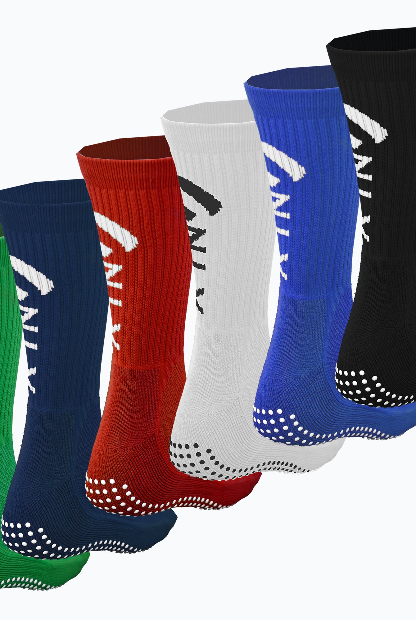 Grip Socks in green, navy, red, white, royal blue and black side view