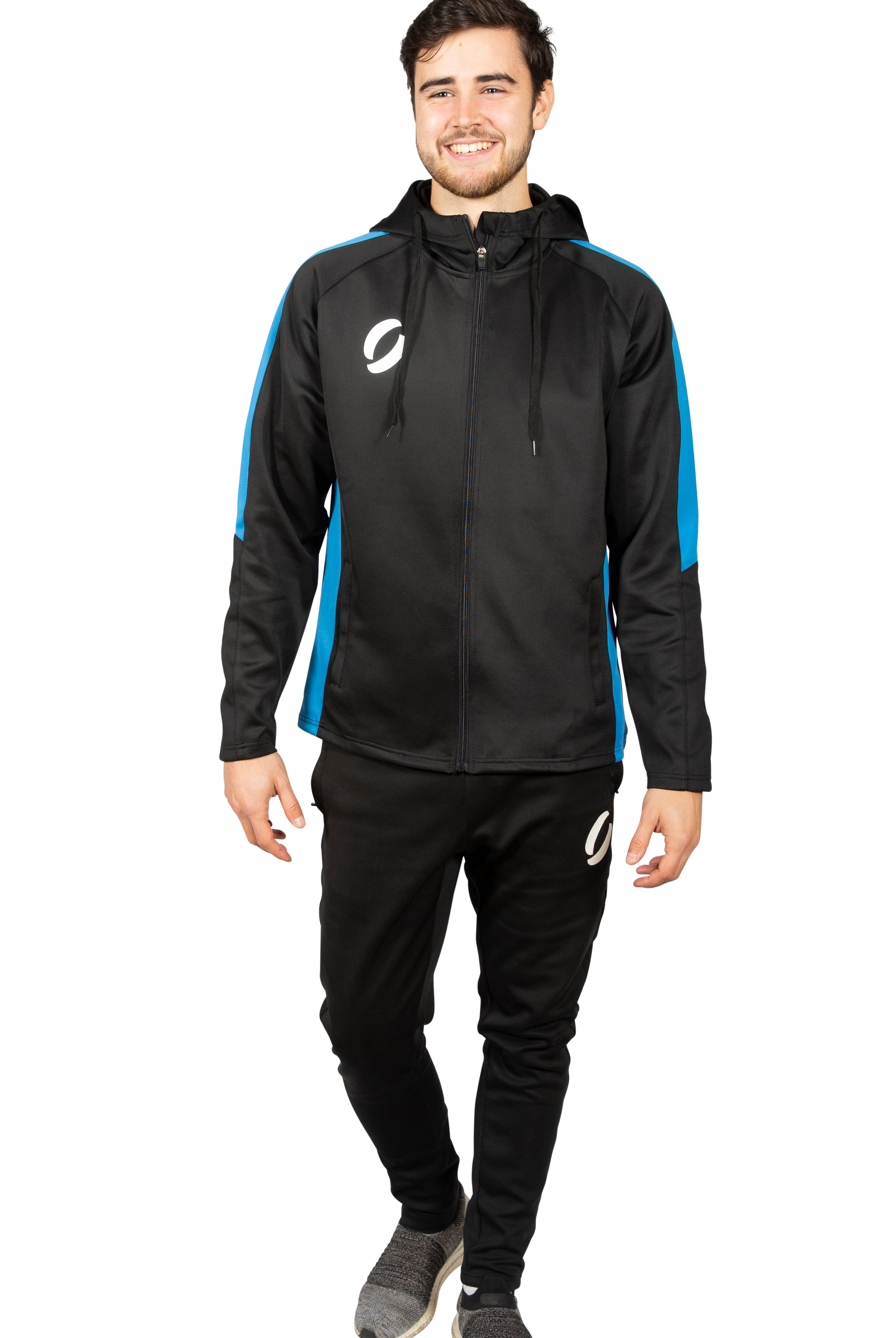 Man wearing Tracksuit Pants Black with Blue Stripe