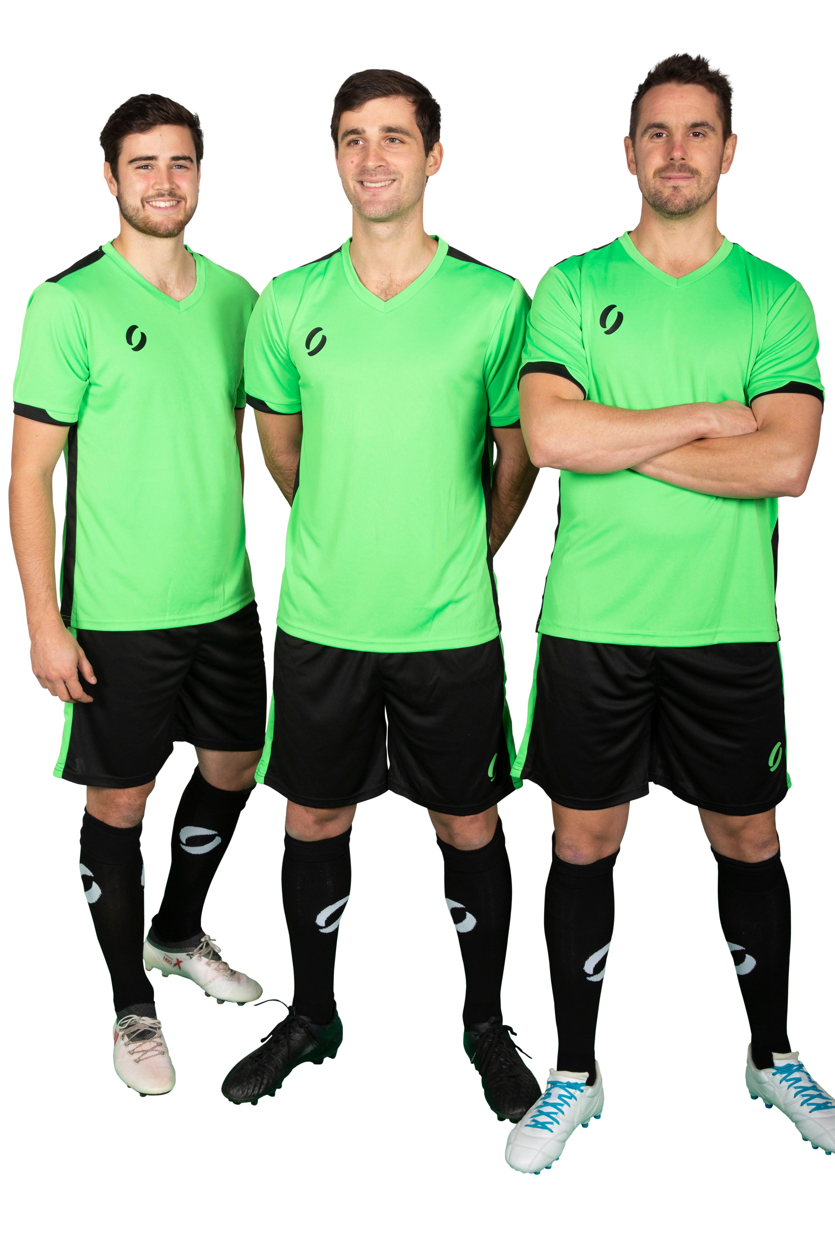 Three men wearing Training Kit Green and Black uniforms