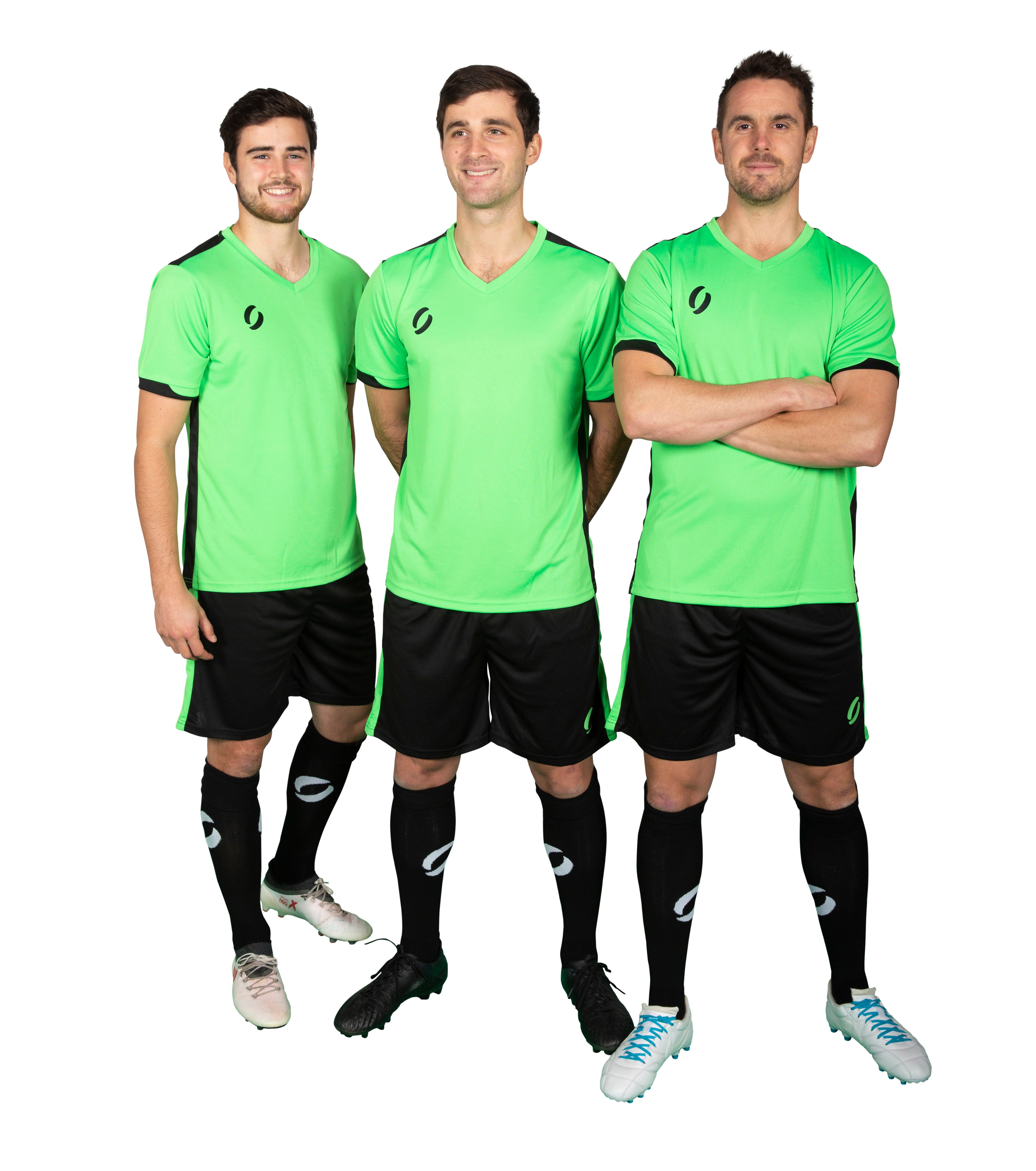 Three men wearing Training Kit Green and Black uniforms