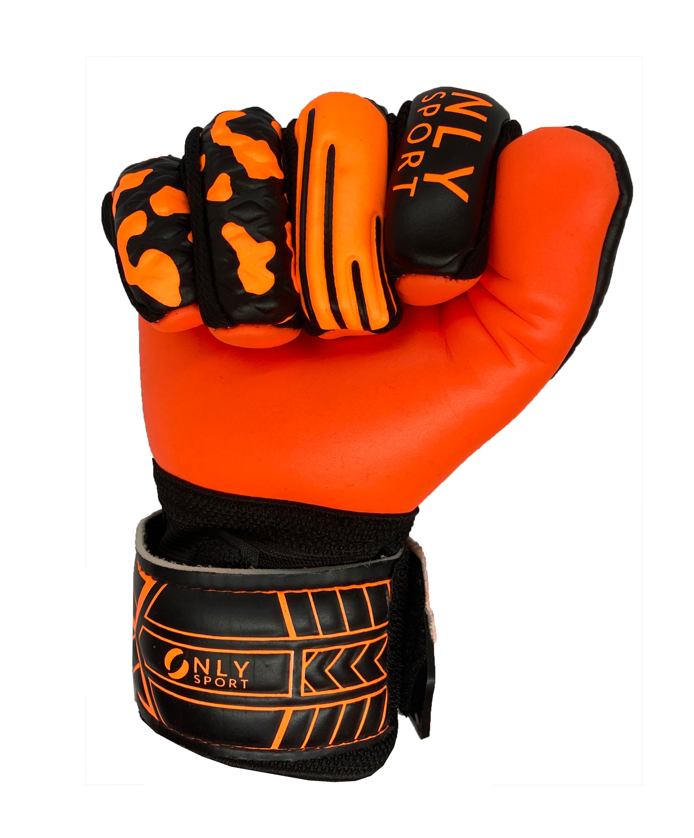 GIGI Goalkeeper Gloves KIDS Finger Savers in Orange inside fist view from front