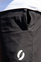 Close up view of pockets of the shorts having them zipped open
