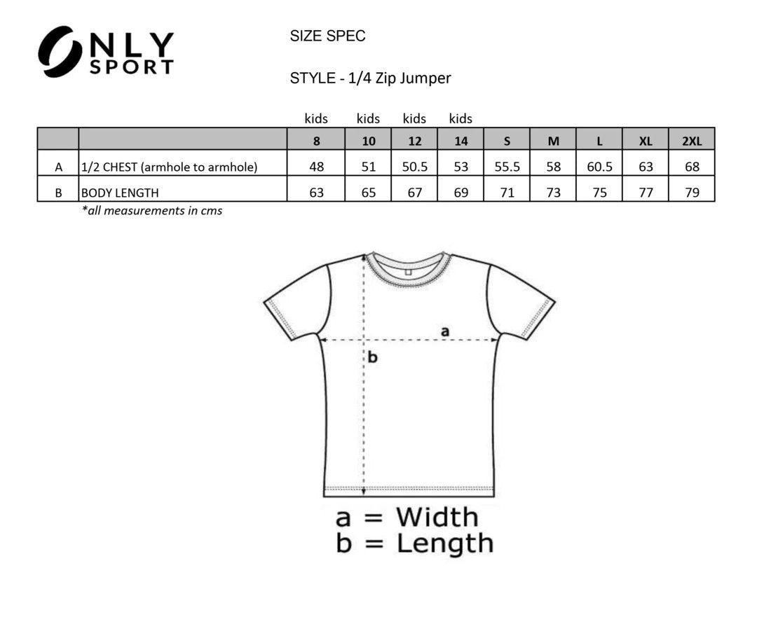Williamstown Black 1/4 Zip Training Top Size chart