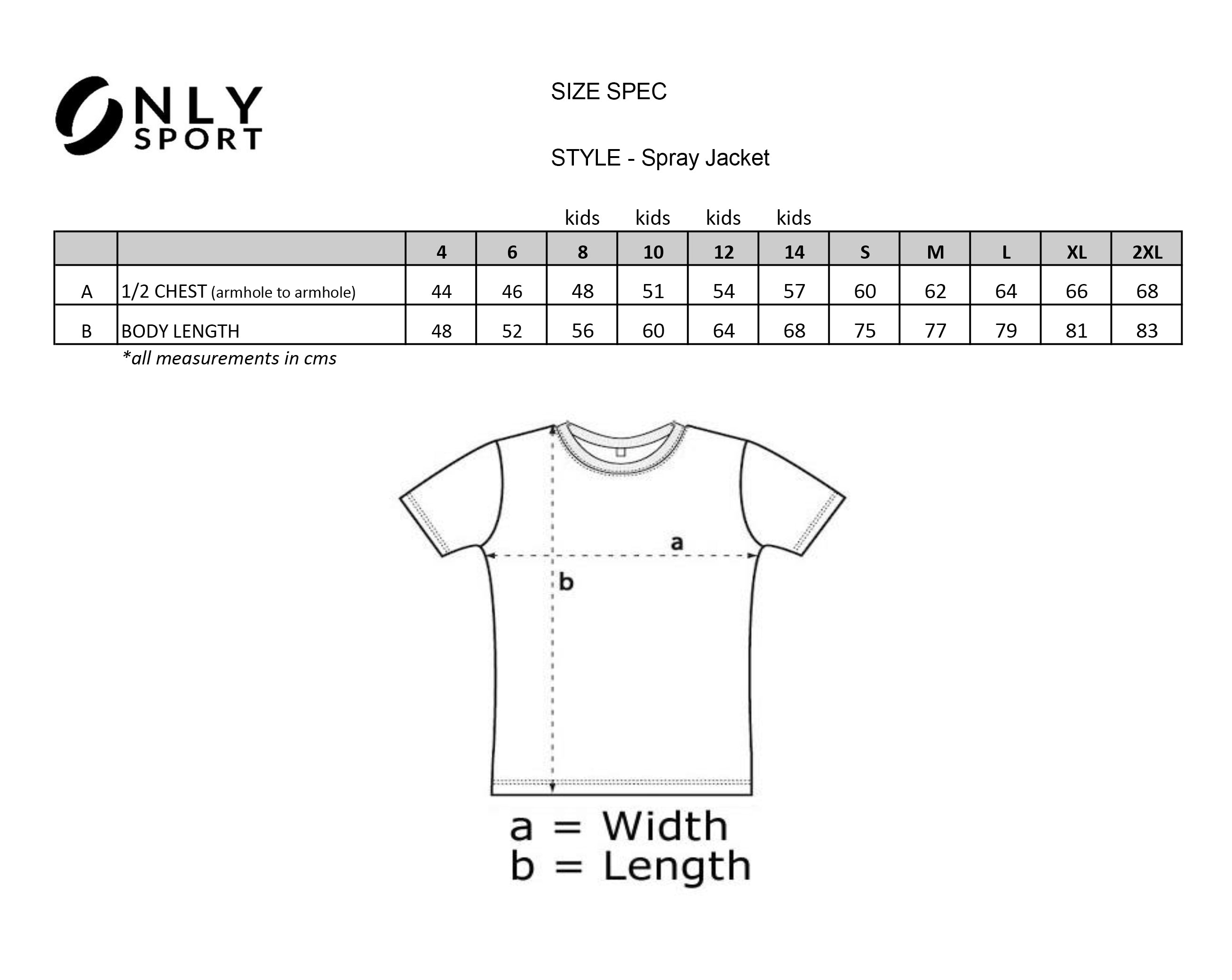 Williamstown Spray Jacket Size Chart