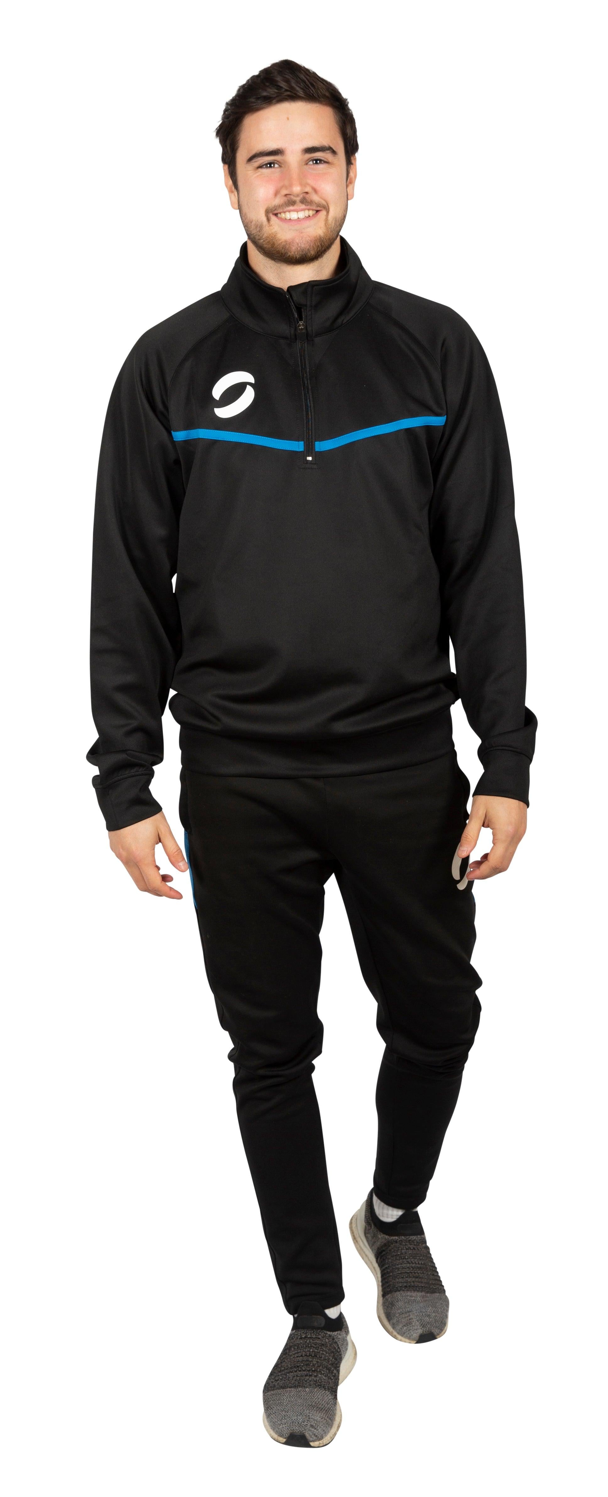 Man Wearing 1/4 Zip Training Jumper in  Black/Royal Blue