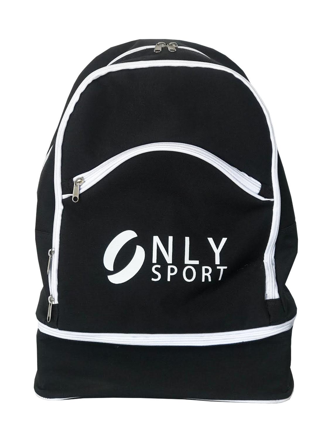 FRONT VIEW OF BACKPACK WITH SHOE COMPARTMENT IN  BLACK