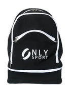 FRONT VIEW OF BACKPACK WITH SHOE COMPARTMENT IN  BLACK