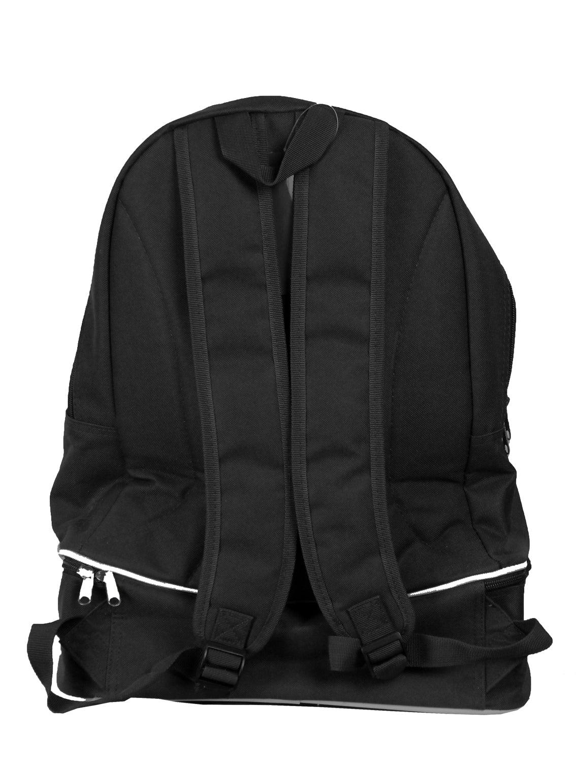 REAR VIEW OF BACKPACK WITH SHOE COMPARTMENT IN BLACK BACK VIEW