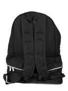 REAR VIEW OF BACKPACK WITH SHOE COMPARTMENT IN BLACK BACK VIEW
