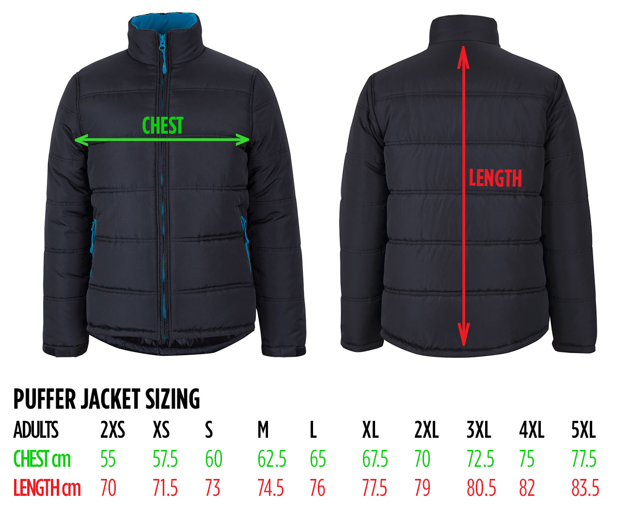 MALVERN CITY BLACK PUFFER JACKET SIZE CHART
