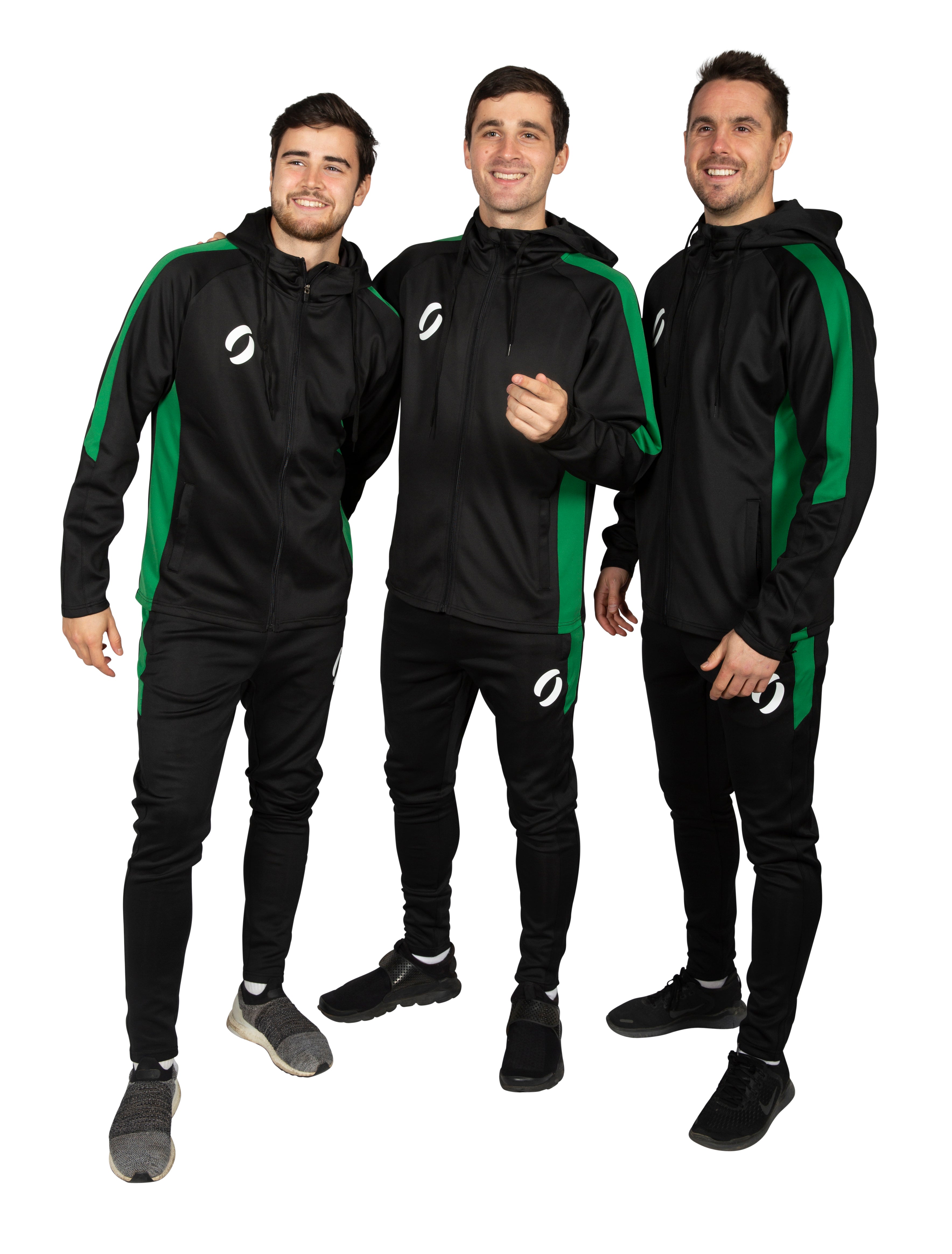 Three men wearing Hooded Tracksuit Jacket in Black and Green