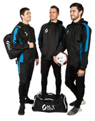 Three men wearing Hooded Tracksuit Jacket in black/royal blue