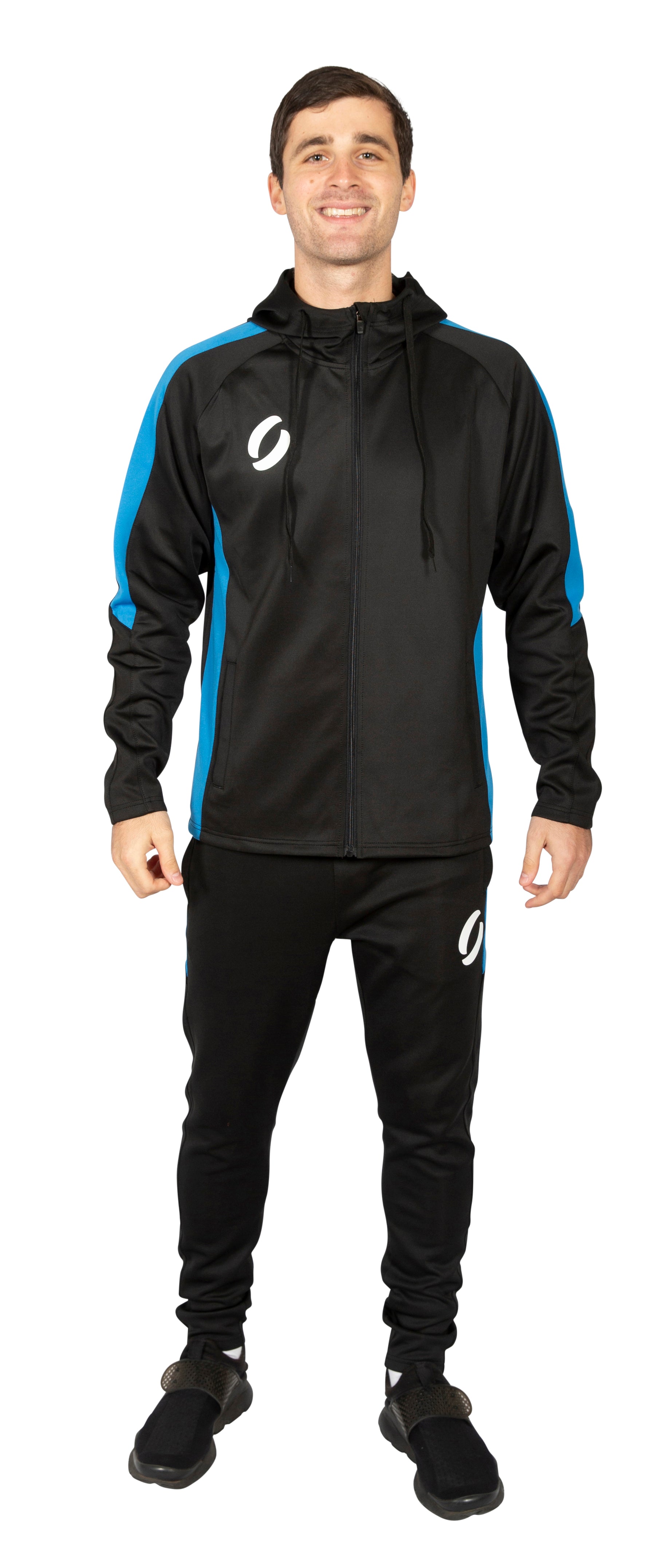 man wearing Hooded Tracksuit Jacket in black/royal blue