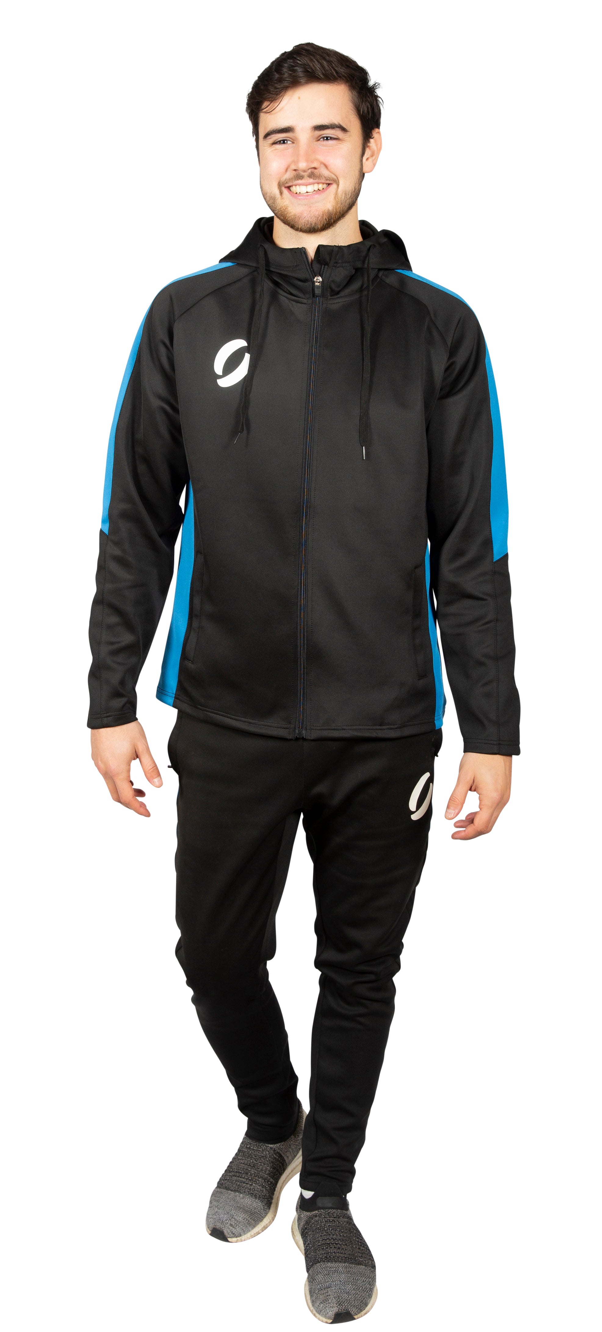 man wearing Hooded Tracksuit Jacket in black/royal blue