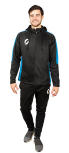 man wearing Hooded Tracksuit Jacket in black/royal blue