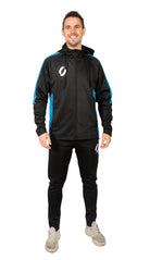Man Wearing Black and Royal Blue Hooded Tracksuit Jacket
