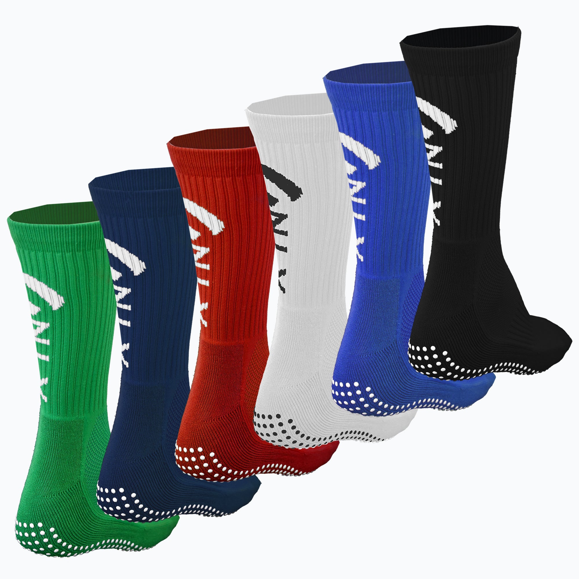 Grip Socks in royal blue , navy, green, red, black and white side view