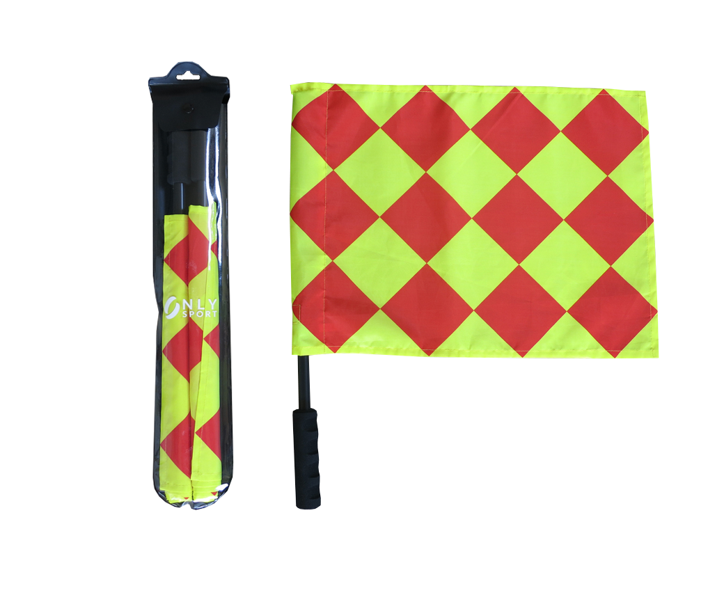 Visual display of how linesman flag is packaged beside a displayed linesman flag