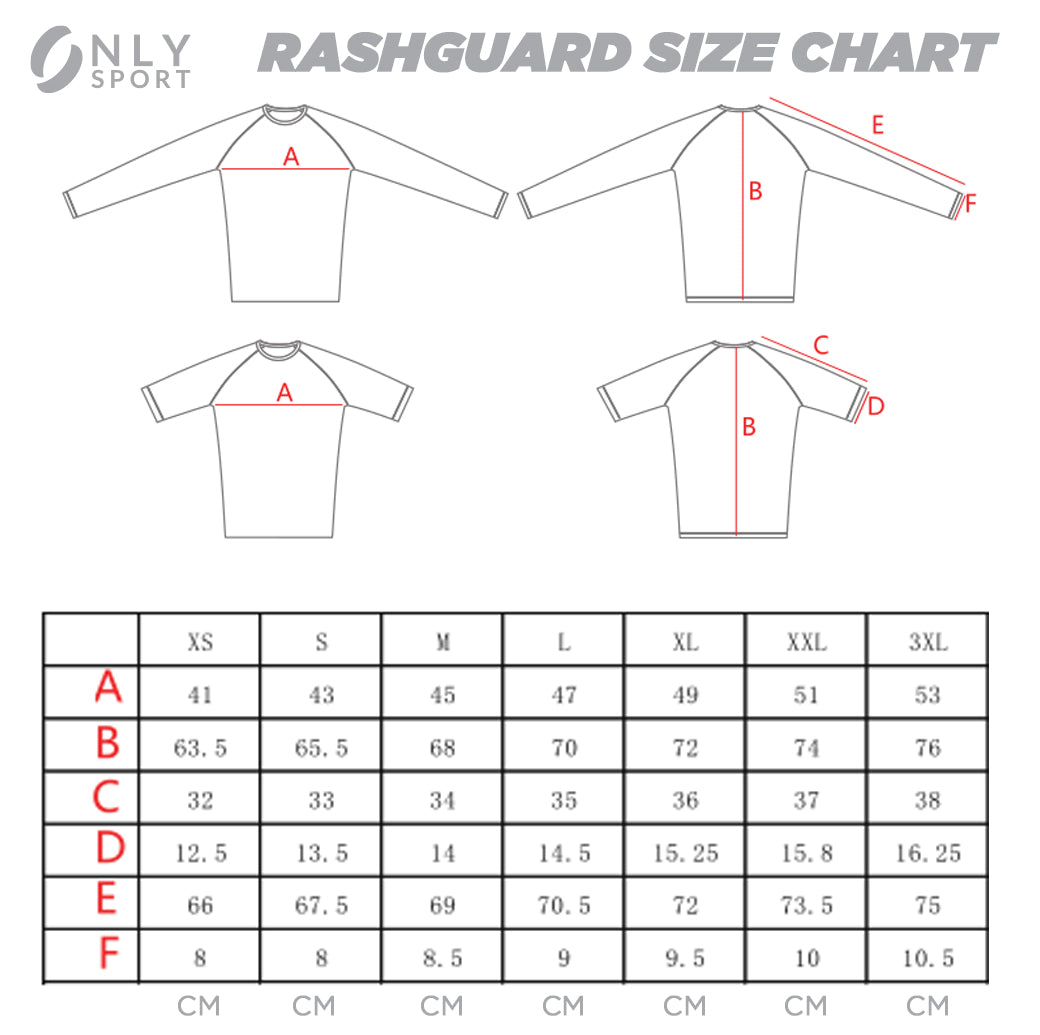 Long Sleeve  Rashguard Black and Camo Size Chart