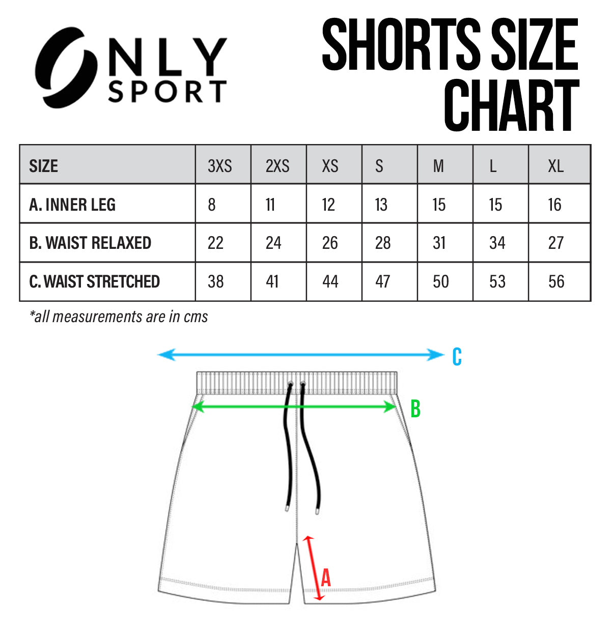 SJSA Green Shorts size chart