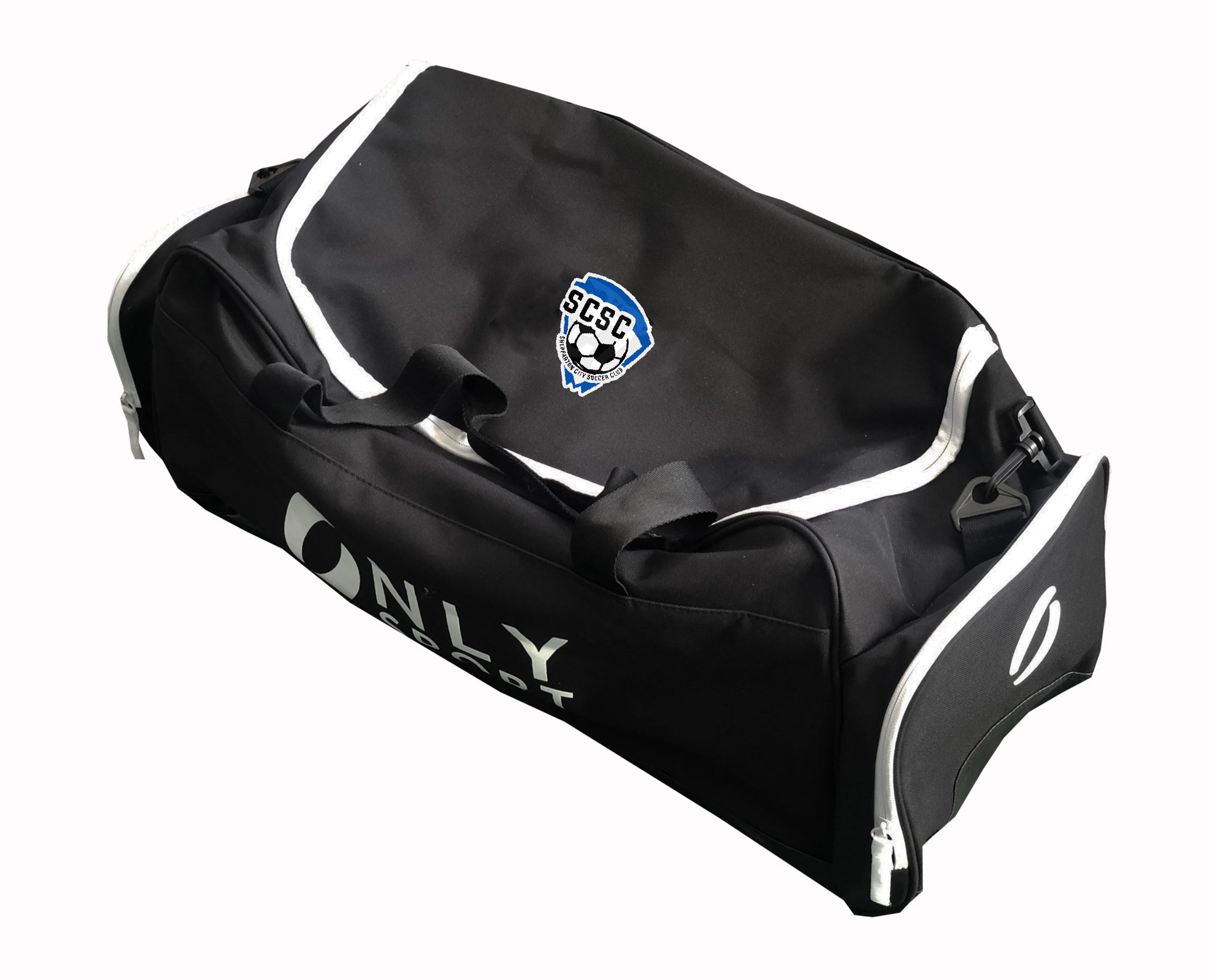 Shepparton City Soccer Club Players Bag With White Zip Angled View