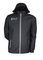 Spray Jacket Black White Zip with demonstration of hood front view