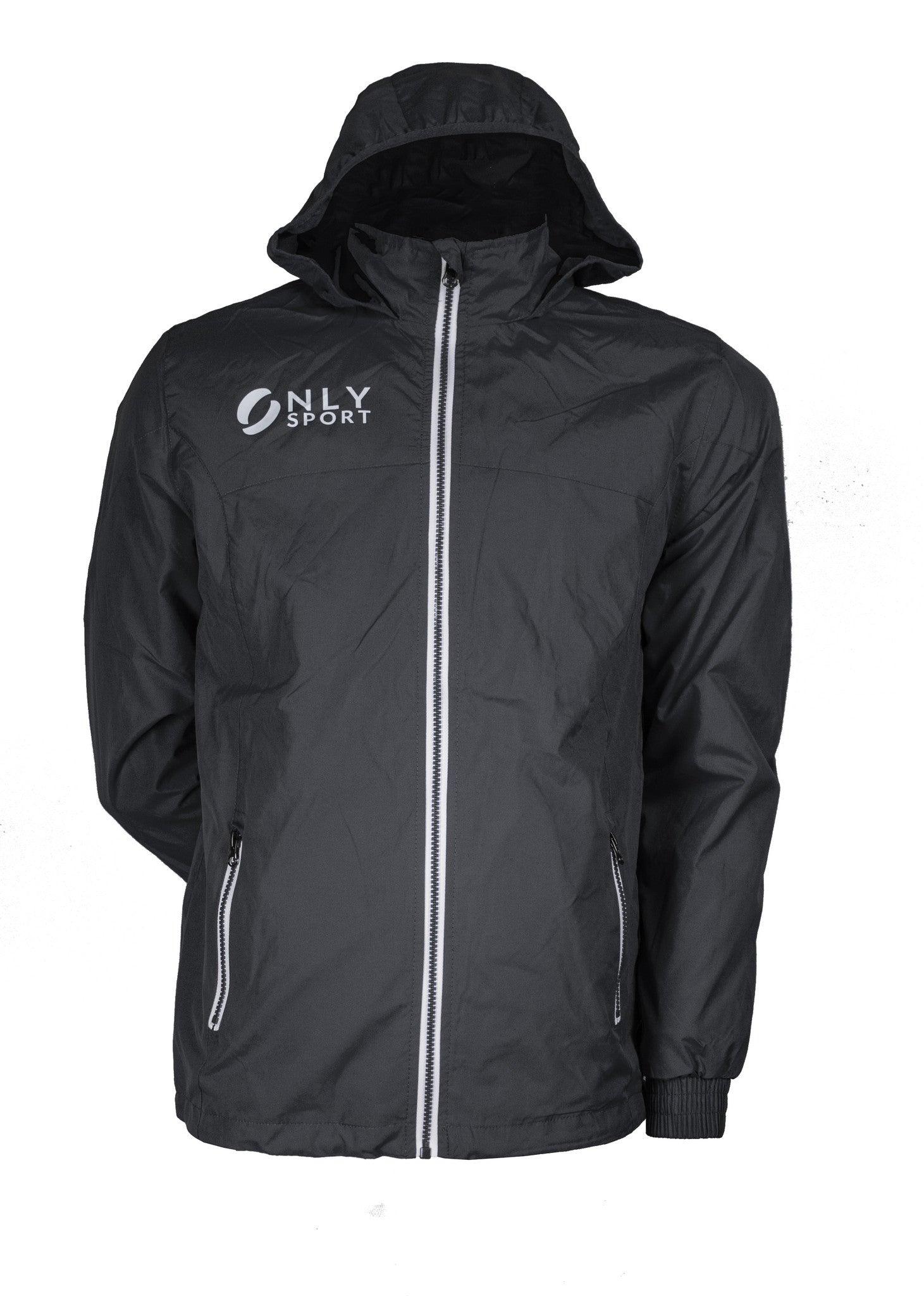 Spray Jacket Black White Zip with demonstration of hood front view