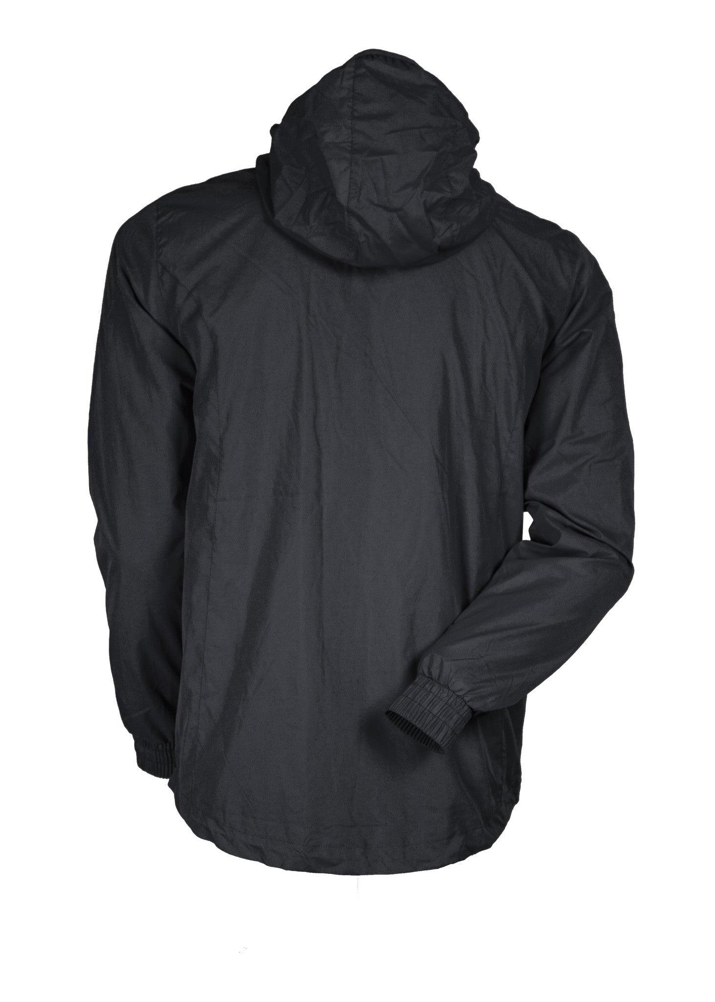 SPRAY JACKET WITH WHITE ZIP IN BLACK HOOD REAR VIEW