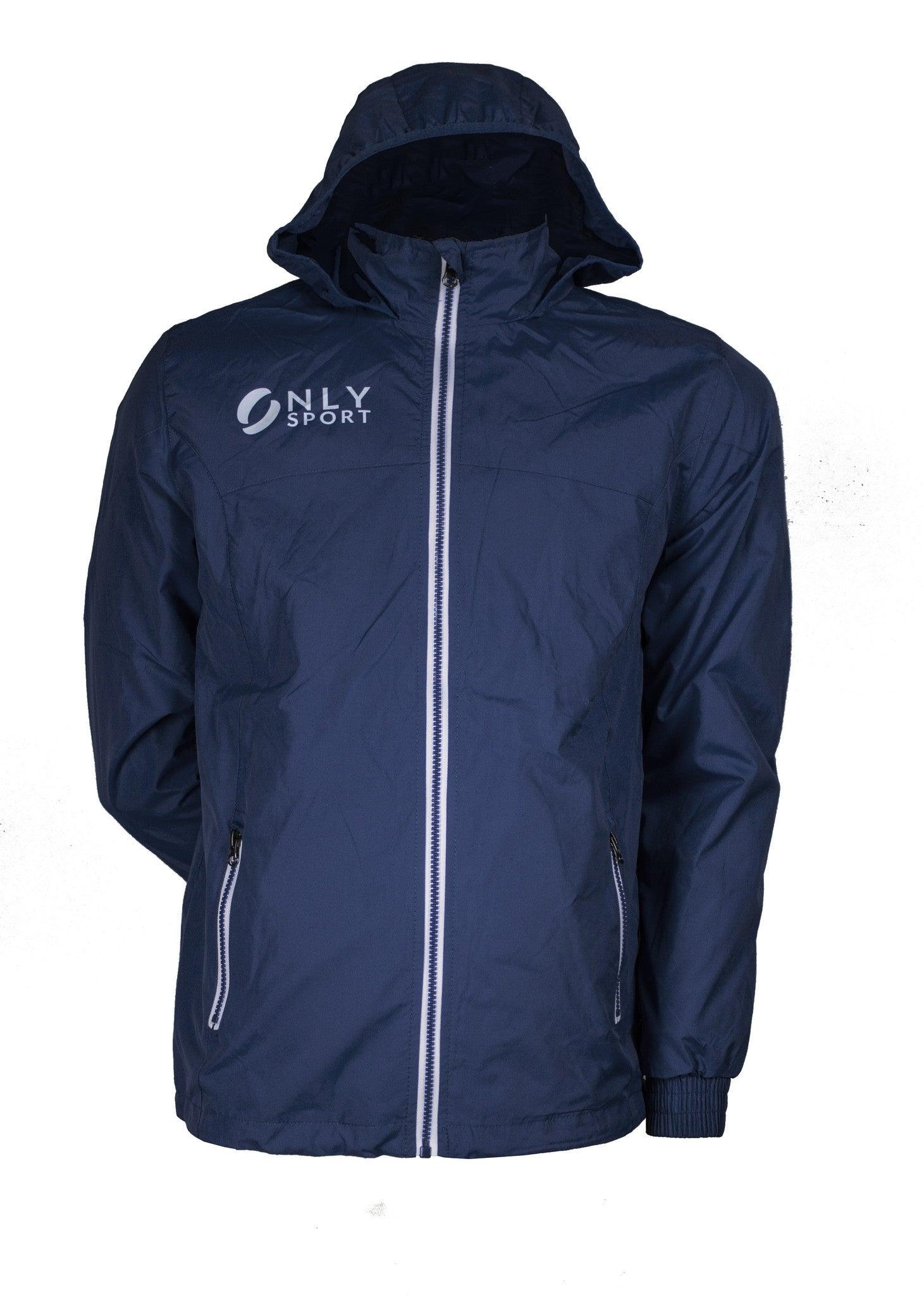 Spray Jacket in navy blue showing the presentation of hood from the front