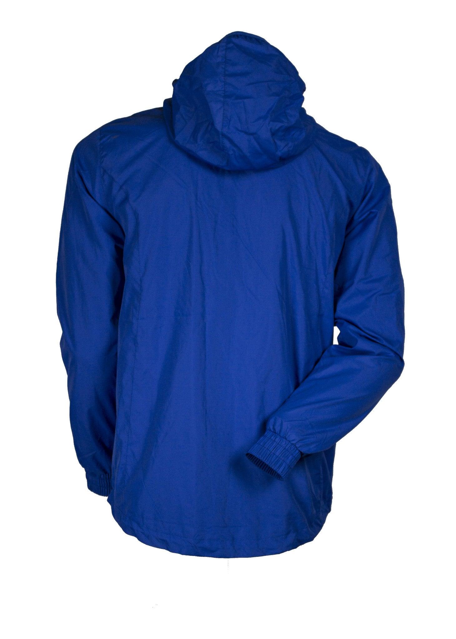 Spray Jacket Royal Blue White Zip Rear View Presentation of Hood