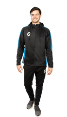 Man wearing Tracksuit Pants Black with Blue Stripe