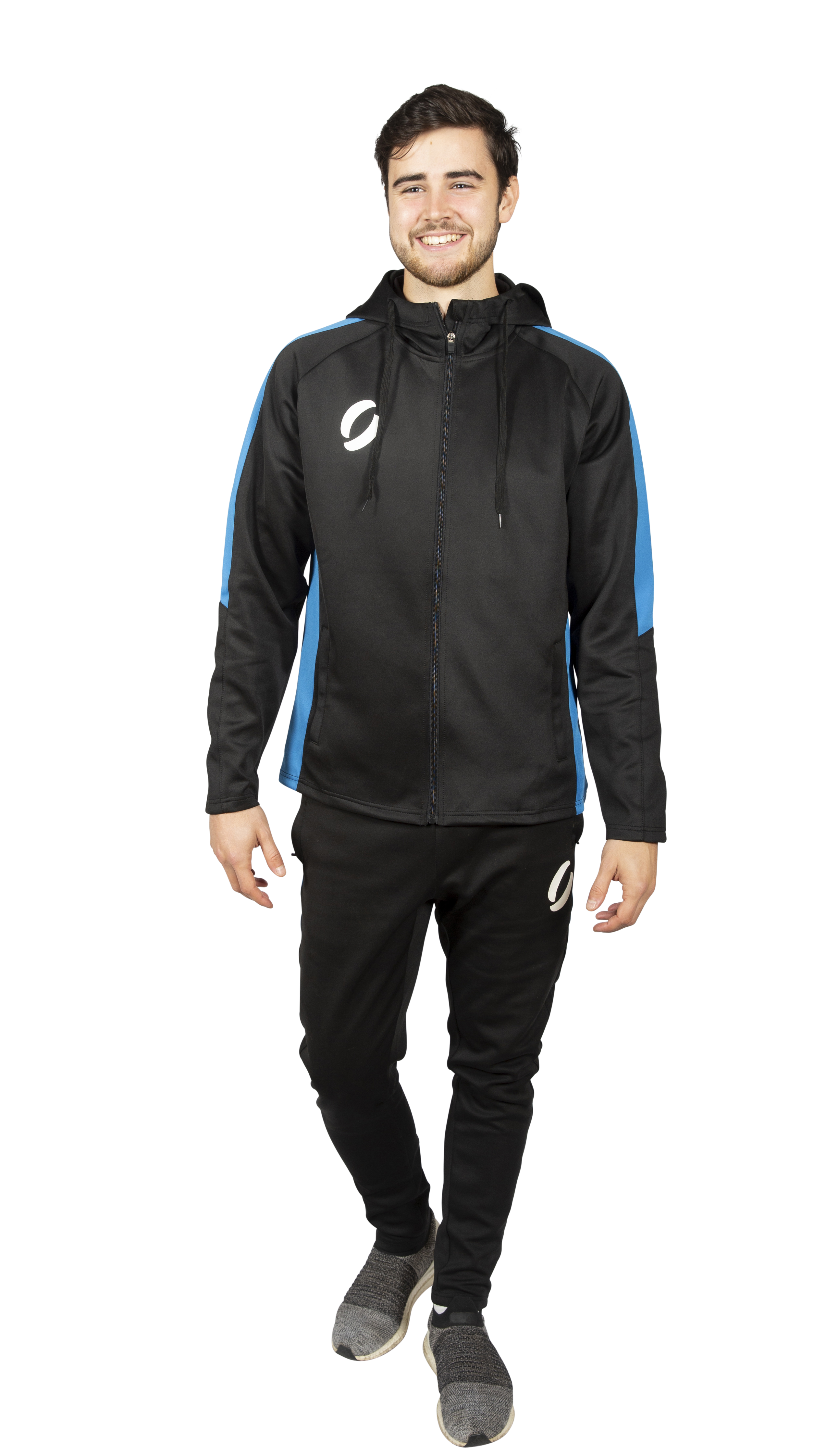 Man wearing Tracksuit Pants Black with Blue Stripe